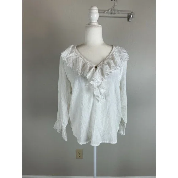 Womens Top M Poet Ruffle Neck Romantic Pirate Bell Sleeve White Boho Renaissance - Picture 1 of 6
